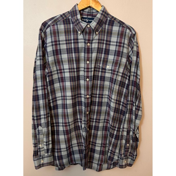 Ralph Lauren Mens L Red Blue GreyPlaid Button Down Shirt Long Sleeve Pocket - Picture 2 of 7